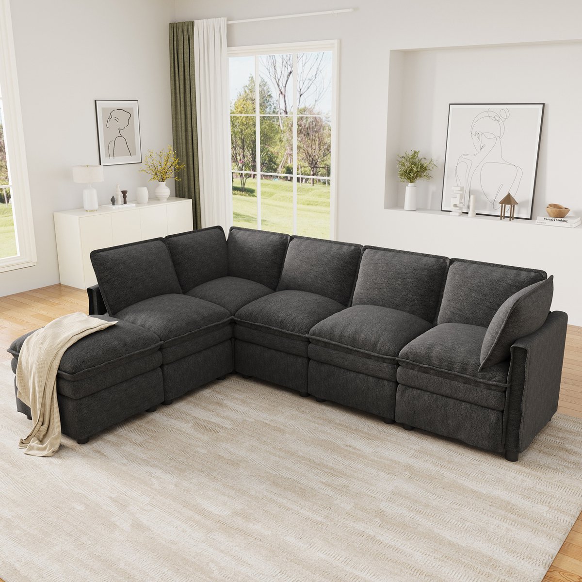 COVREO U-bank 344x127x91 cm grijs chenille, met slaapfunctie en hocker
