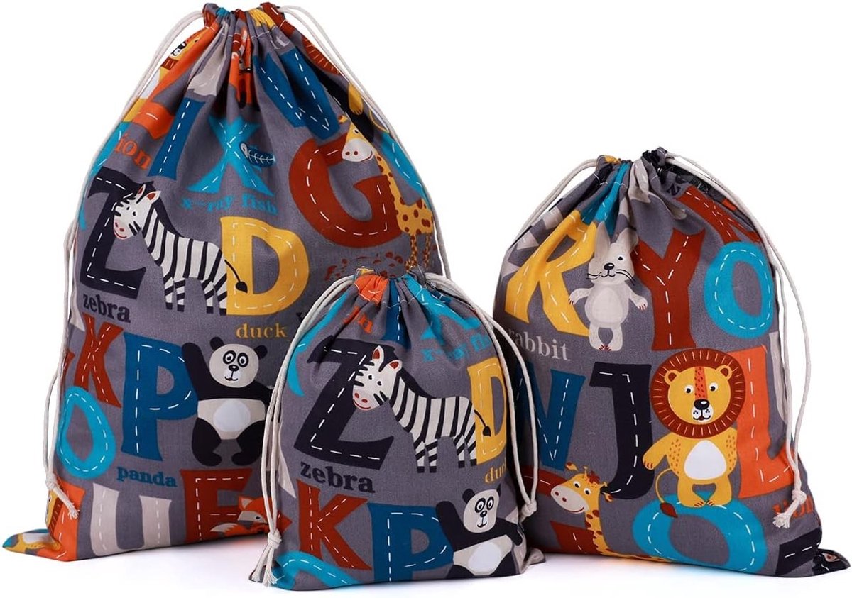 Set van 3 Herbruikbare Opbergzakken met Koordsluiting van Katoen - Panda, Leeuw en Zebra Design voor Organisatie en Opslag