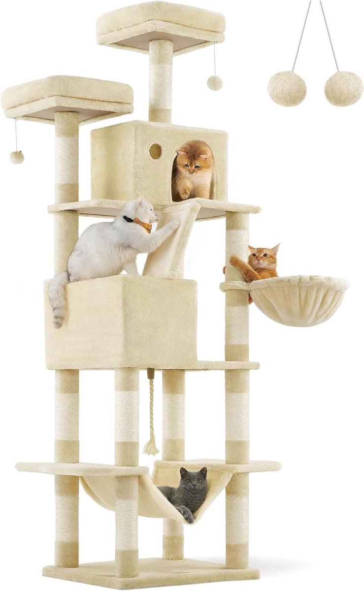 Kattenkrabpaal XXL - Speeltoren Klimmeubel - Klimmen Spelen - Veelzijdige Verdiepingen - 206 cm Hoog - Beige