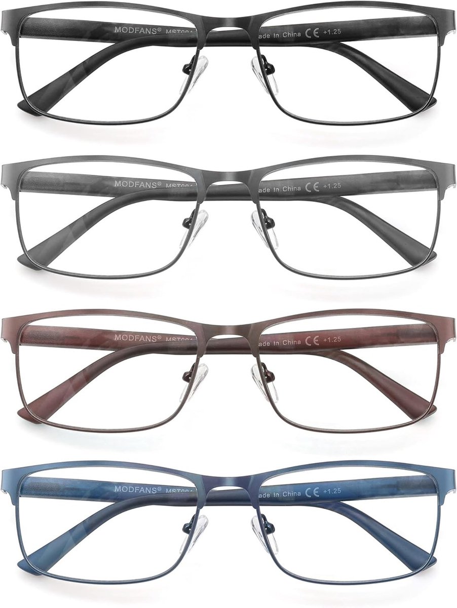Set van 3 Leesbrillen voor Dames en Heren, Blauw Licht Filter, Metalen Frame, Rechthoekig Ontwerp, Duurzaam en Stijlvol