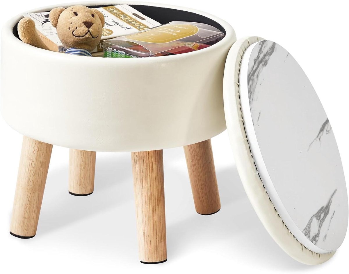Voetenbank met opbergruimte - Ronde poef - Ontspannen en opbergen - Gestoffeerde zitting - 32 cm - Beige