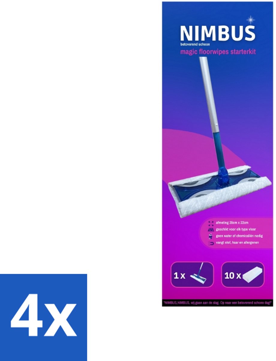 NIMBUS Magic Vloerdoek Starterkit 1 Dweil + 10 Droge Vloerdoekjes 1 set - Voordeelverpakking - 4 stuks