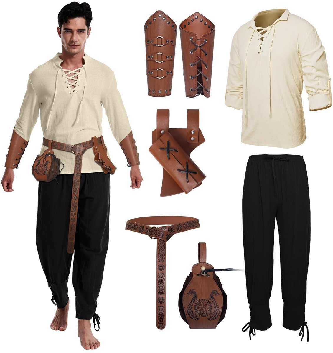 Elzusha - Middeleeuwse Kledingset voor Mannen - Viking Kostuum met Broek en Accessoires - Wit/Zwart