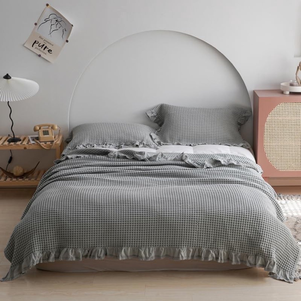 Elzusha - Wafeldeken - 100% Katoen - Roze - 200 x 230 cm met Ruches