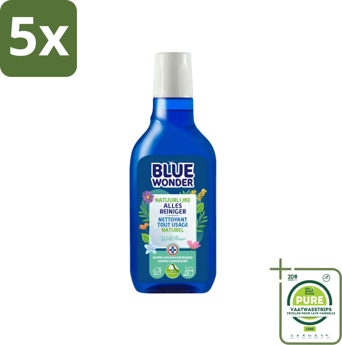 5 x Blue Wonder 100% Natuurlijke Allesreiniger Wild Flower 750 ml - Grootverpakking - Allesreiniger - Biologisch Schoonmaakmiddel - Natuurlijke Reiniger - Ecologische Reiniger - Duurzame Schoonmaak