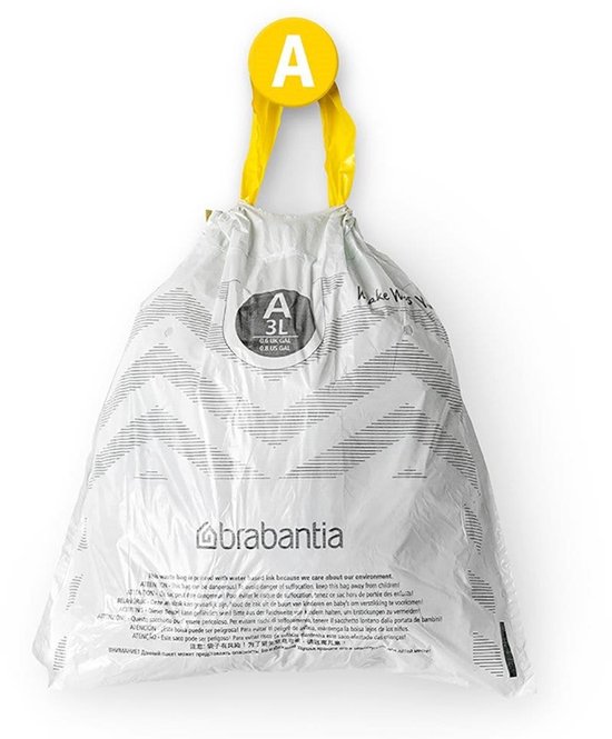 Witte Brabantia 3L vuilniszak, code A, met gele sluitstrippen. Grijze chevronprint. Met A-label.