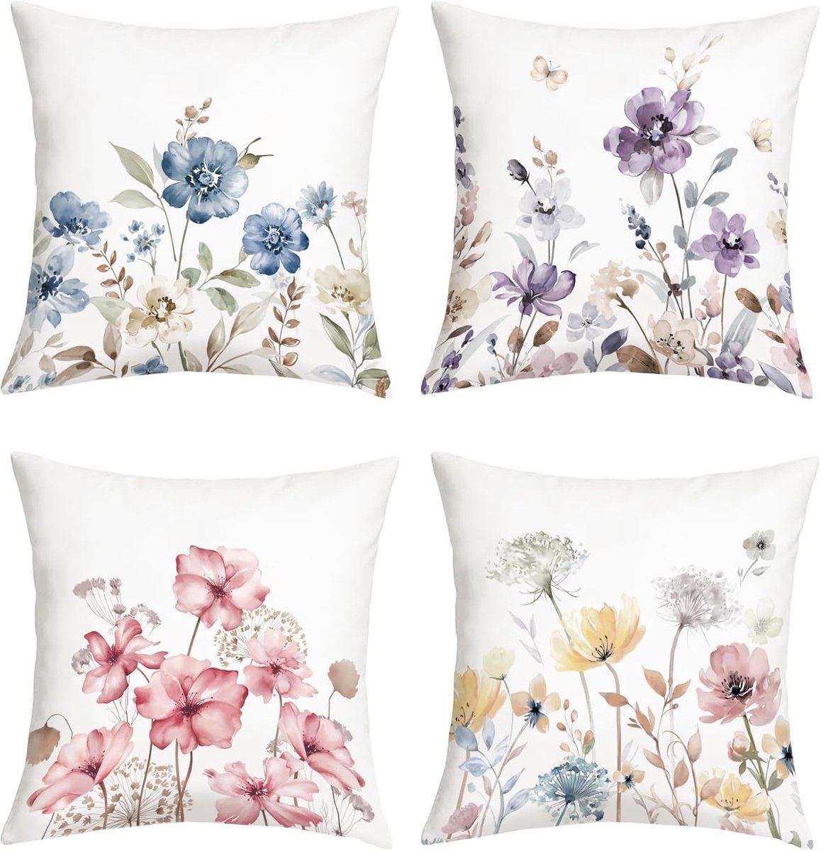 Lente Zomer Kussenhoezen Waterverf Blauwe Bloemen 45x45 cm - Set van 4 Decoratieve Kussens voor Tuin en Interieur met Onzichtbare Rits