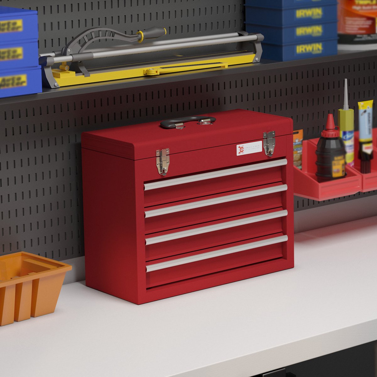 REDOM - Gereedschapskoffer - 4 laden en bovenvak - Afsluitbaar - Met handgreep - Stalen - Rood - 51 x 22 x 39,5 cm - Werkplaats