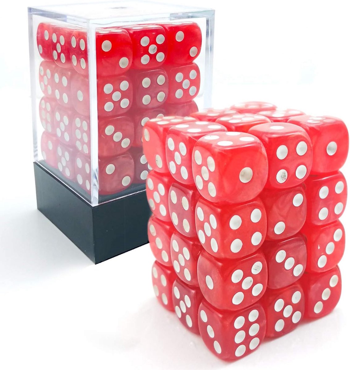 Dice w6 12 mm 36-delige Brick Box, 12 mm zeszijdige dobbelsteen (36) Blok met Dobbelstenen, Marmer Pearl Rood