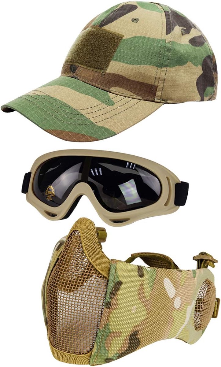 3 stuks tactisch airsoft masker, veiligheidsbril, baseball cap set, verstelbaar halfgelaatsmasker met gehoorbescherming, airsoft bril, oogbescherming, outdoor hoed voor airsoft/BB/CS spel