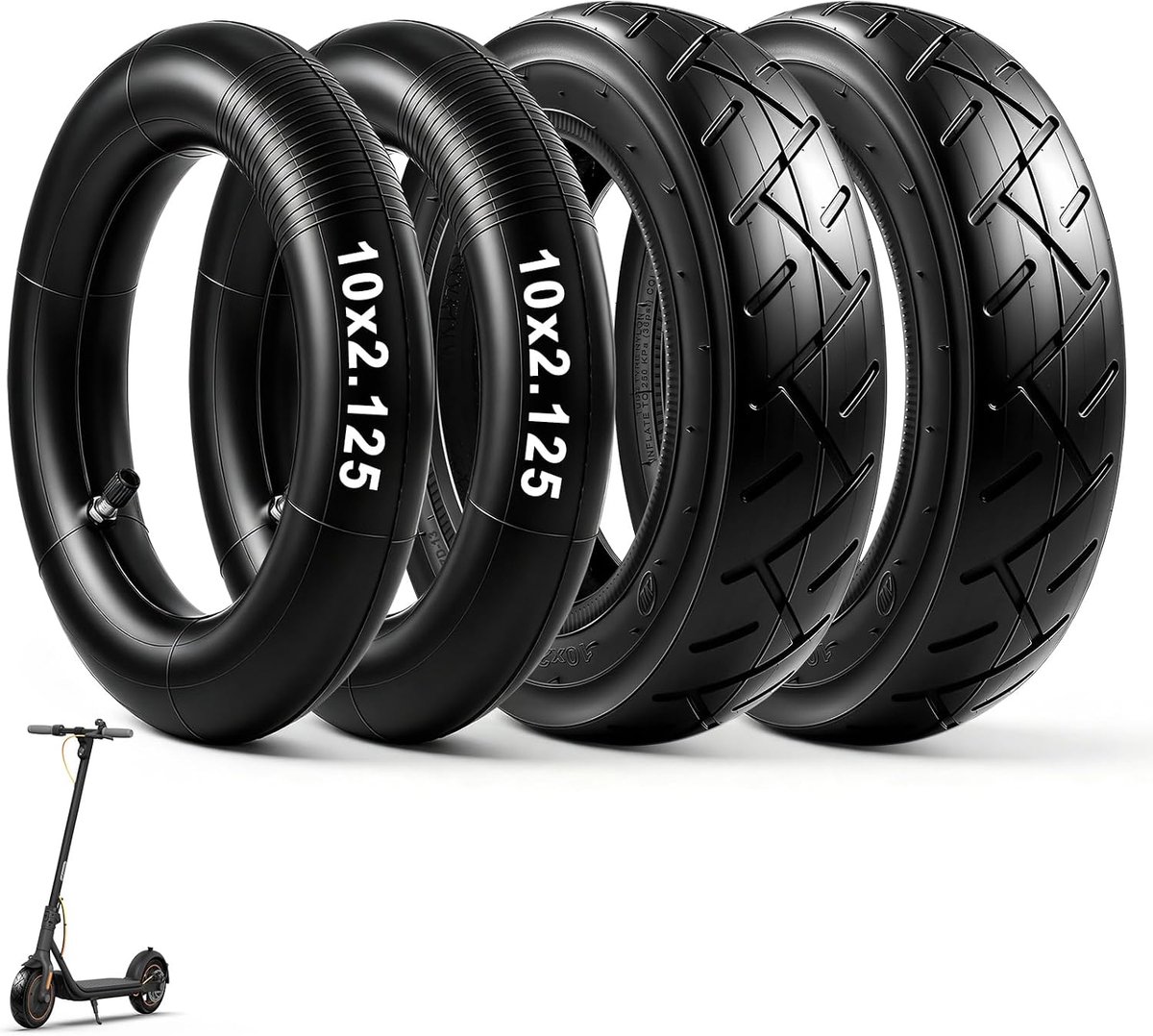 10 x 2.125 slang- en bandenset voor elektrische scooters, robuuste 10 x 2,125 banden en 30% dikkere rubberen slang met recht ventiel, geschikt voor de meeste elektrische scooters met 10 inch