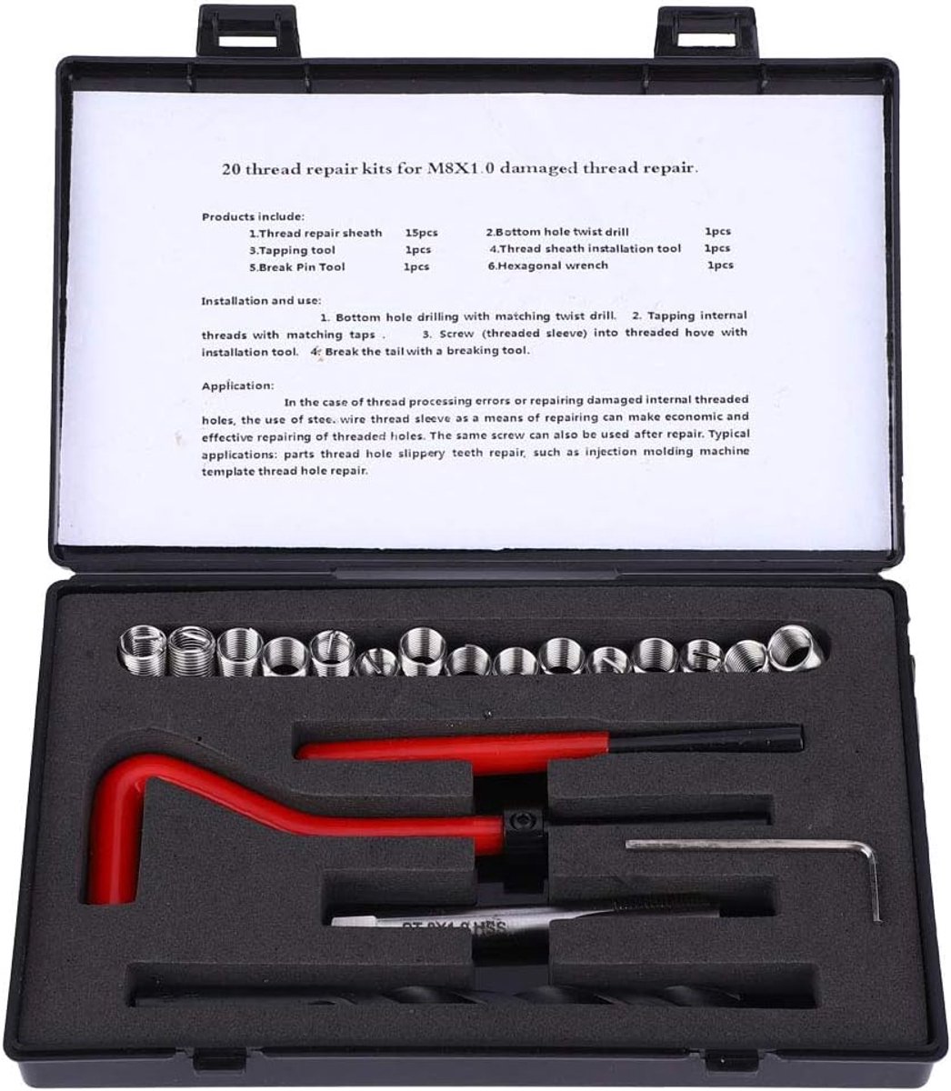 Schroefdraadreparatieset, 20-delig. M8x1 tapset van roestvrij staal, schroefdraadreparatieset voor binnendraad om de inzethuls te repareren, typische toepassingen voor hoogspanningsschakelaars