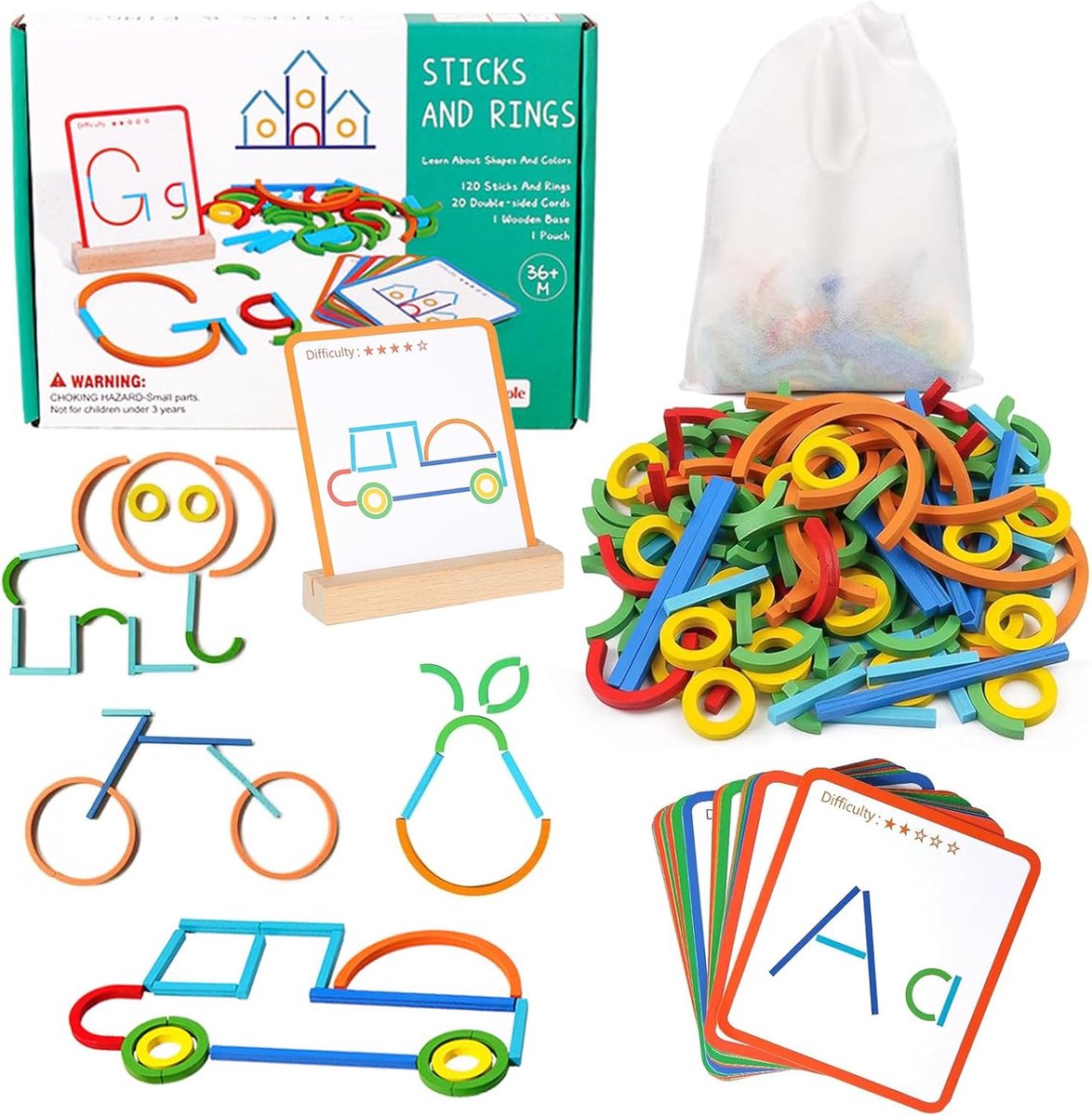 speelgoed vanaf 3 jaar, kleuterschool, educatieve spellen, houten geoboard, 120 houten stokjes en ringen, 20 kaarten voor talloze spannende figuren, vormkleurherkenning, Montessori