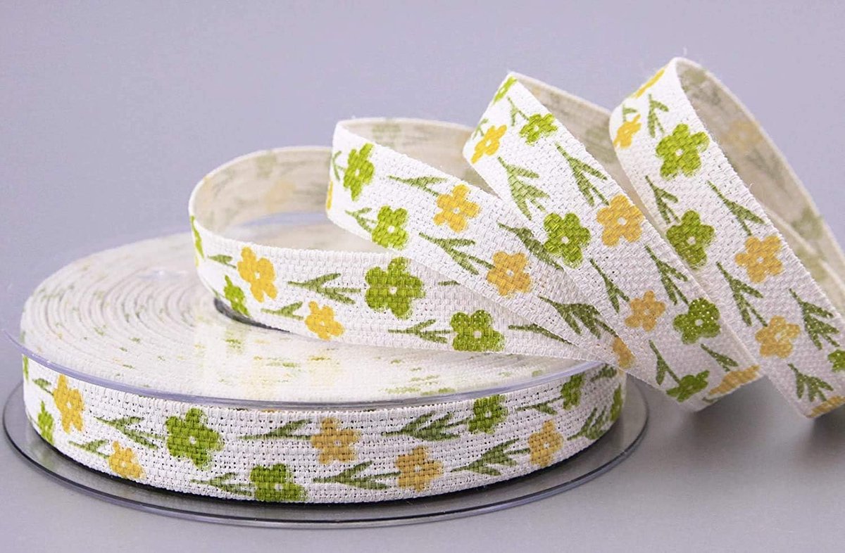 20 m x 15 mm decoratielint Happy Day groen geel bloemen cadeaulint natuurlijk katoen stoffen lint vast lint lente zomer Pasen