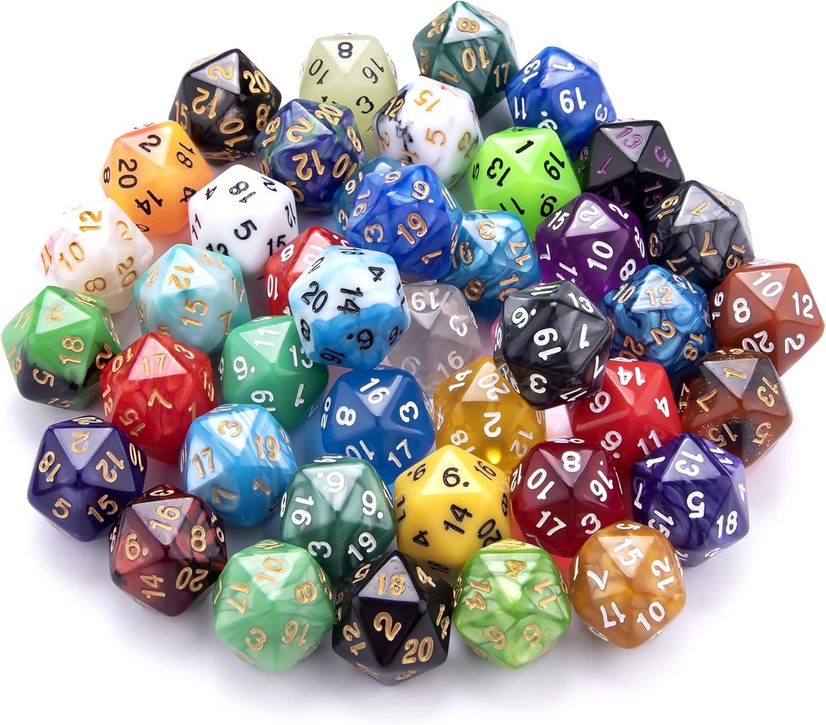 42 stuks polyhedrale dobbelstenen gemengde kleuren 20 zijdige dobbelstenen voor DND RPG MTG tafelspellen, met een zwarte fluwelen opbergtas