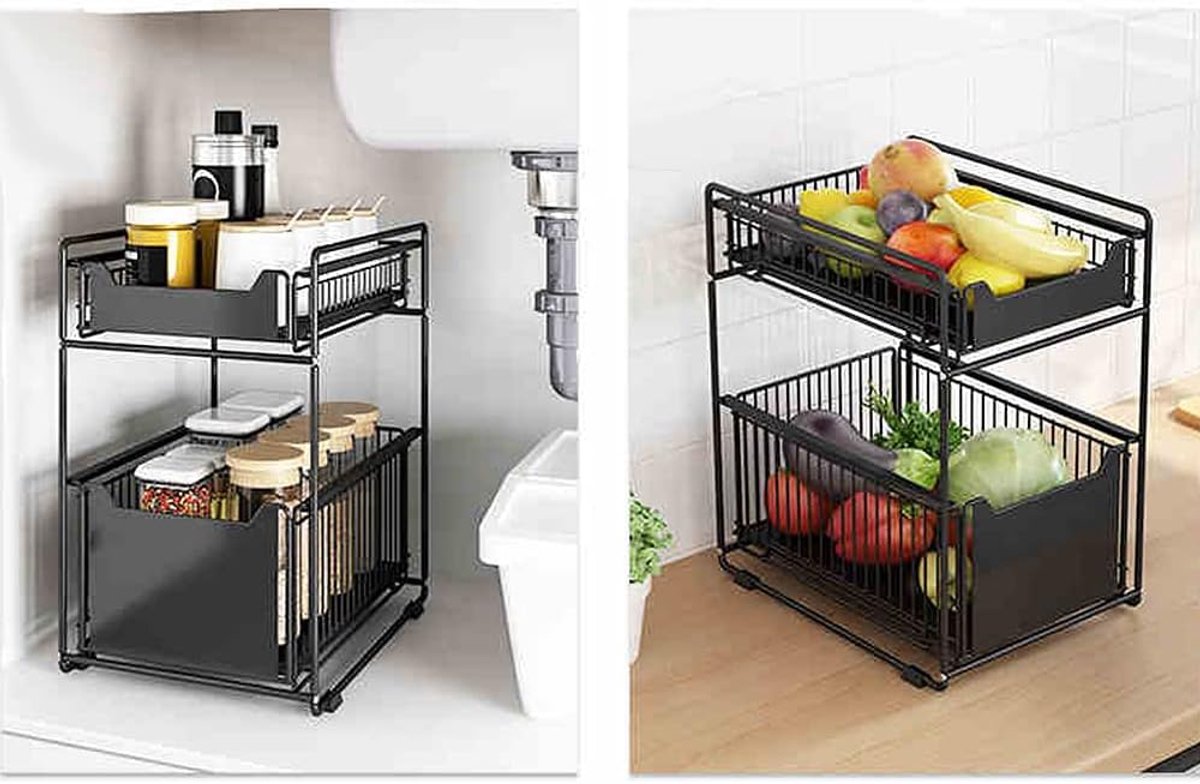 Keukenorganizer met 2 uittrekbare laden, 2 uittrekbare manden, stapelbaar, voor opslag in kast, onder wastafel, met laden, voor keuken, badkamer, eetkamer (zwart - 2 stuks)