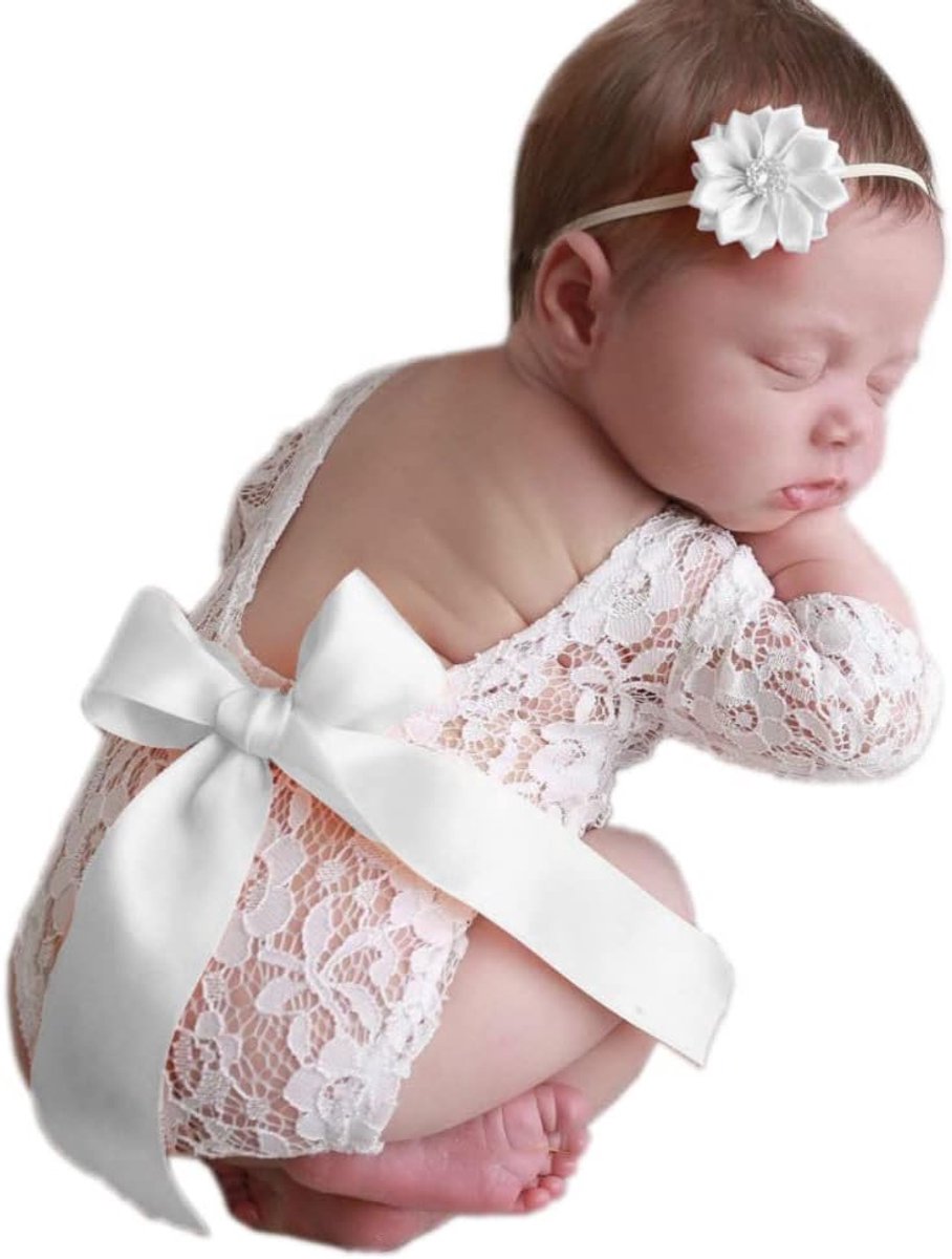 Kostuum voor pasgeborenen, babyfotoshooting kostuums, backless kanten rompers met strikken, babykleding, outfits, fotografie-rekwisiet, voor babyfotografie, rekwisieten, wit