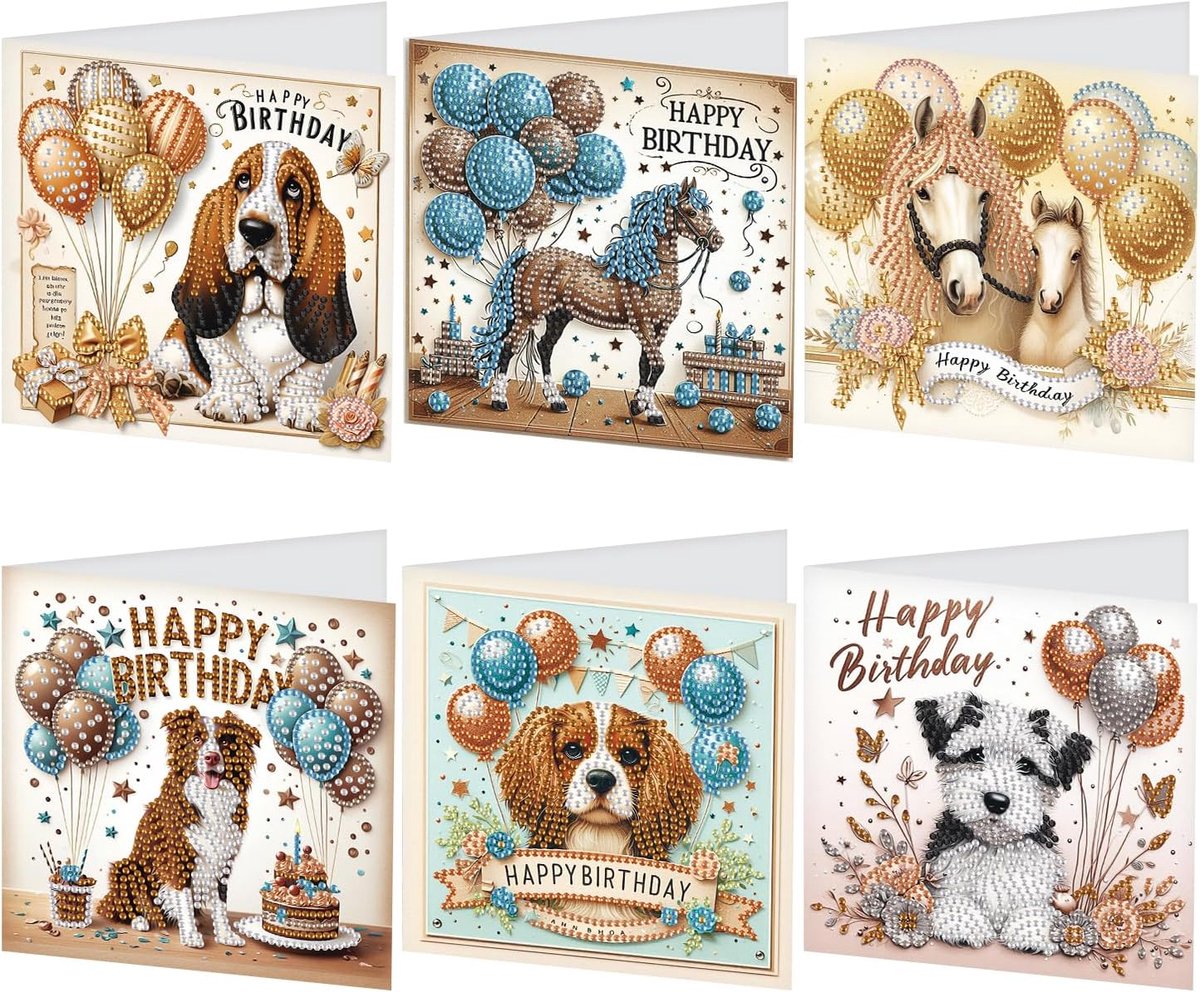 Set van 6 Diamond Painting wenskaarten, set van 6 stuks, honden, paarden, diamond painting kaarten, verjaardagskaarten, bedankkaarten, zegenenswenskaart, feestdagkaarten, borduurwerk