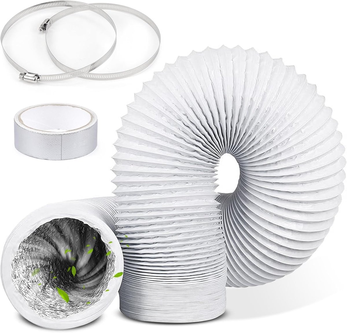 Afvoerslang, Ø 150 mm, flexibele aluminium buis, lengte 3 m, pvc-buis, ventilatieslang, slang met 2 slangklemmen, roestvrij staal, voor airconditioning, buisventilator, wasdroger (150 mm)