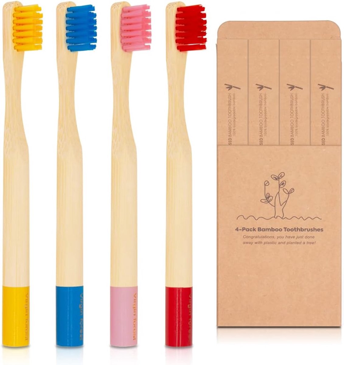 Tandenborstels Voor Kinderen, 100% Biologisch Afbreekbaar Handvat, BPA-Vrije Zachte Borstelharen, Milieuvriendelijke en Veganistische Kindertandenborstels, Set Van 4