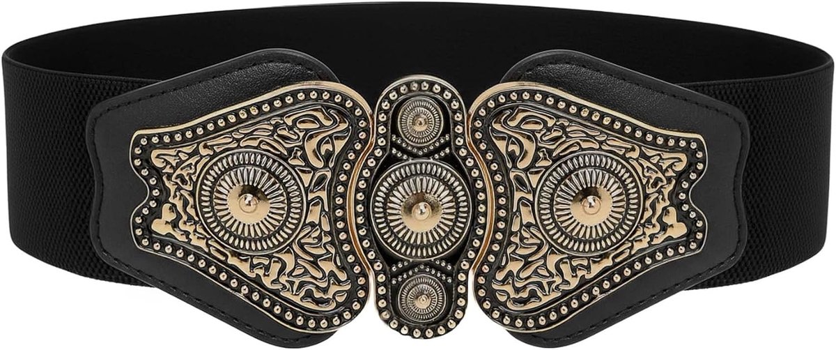 Tailleriem Dames Antiekgesp Boho | 6 cm Breed, Rondom Elastisch, Sierlijke Ineengrijpende Sluiting, Kunstleren Plaatjes, Vormt Je Middel, Maten S-XXL