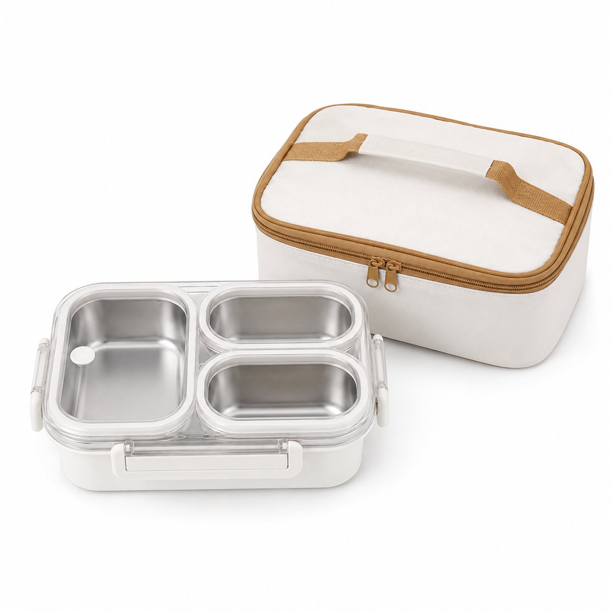 VHV - Lunchbox met Isolerende Lunchtas - 1000 ml RVS Broodtrommel met 3 Vakken en Transparant Deksel - Witte Lunchset voor Werk, School en Onderweg