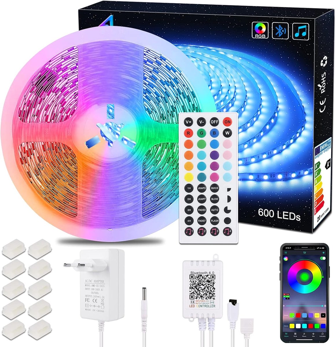 Ledstrip met 600 leds, 10 m, RGB, 5050 SMD, 24 V voeding, niet waterdicht, inclusief afstandsbediening met 44 toetsen, voor huis, kamer, feest, bruiloft, decoratie