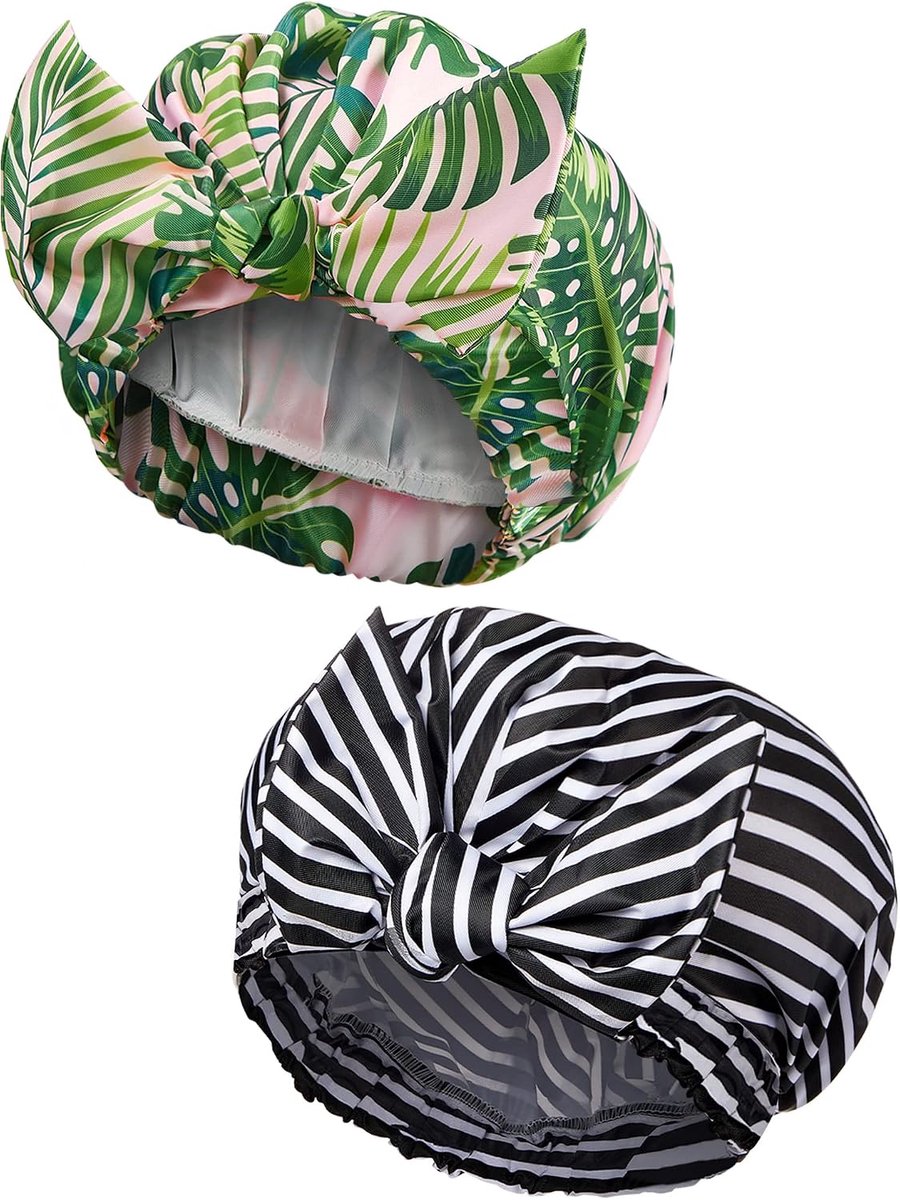 Douchemutsen voor dames, waterdicht, herbruikbaar, elastische zoom, tulband, douchemutsen voor lang, kort en krullend haar voor vrouwen en meisjes (palmblad en streep)