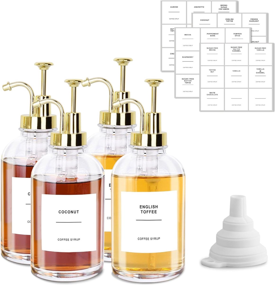 Koffie Siroop Dispenser, set van 4 stuks, gouden glazen siroopdispenser, 500 ml/16,9 oz pompfles met 36 waterdichte etiketten en 1 siliconen trechter
