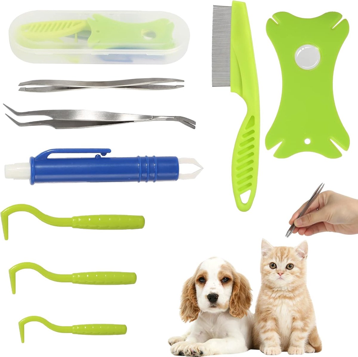 Tekentang 9-in-1 set met etui, tekentang voor mensen, tekentang voor honden, tekenkaart, complete set voor het verwijderen van teken voor mens, hond en kinderen (met opbergdoos)