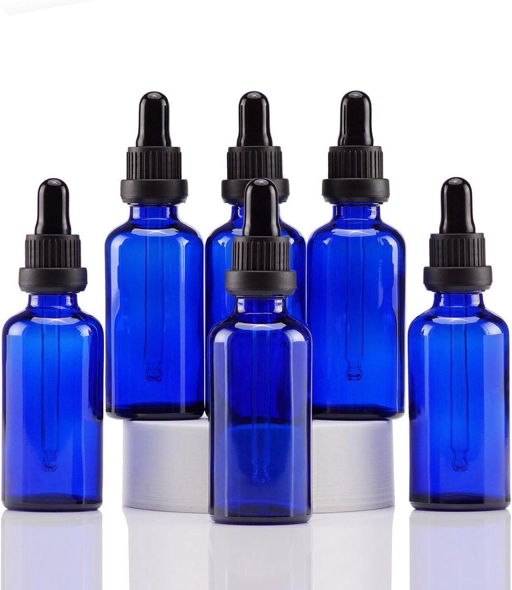 Blauw Glazen Druppelflesje 50ml, met Glazen Pipet Druppelaar, voor Essentiële olie, Aromatherapie, Cosmetica, Laboratorium, Apotheek, Reizen, Massage - 6 Stuks