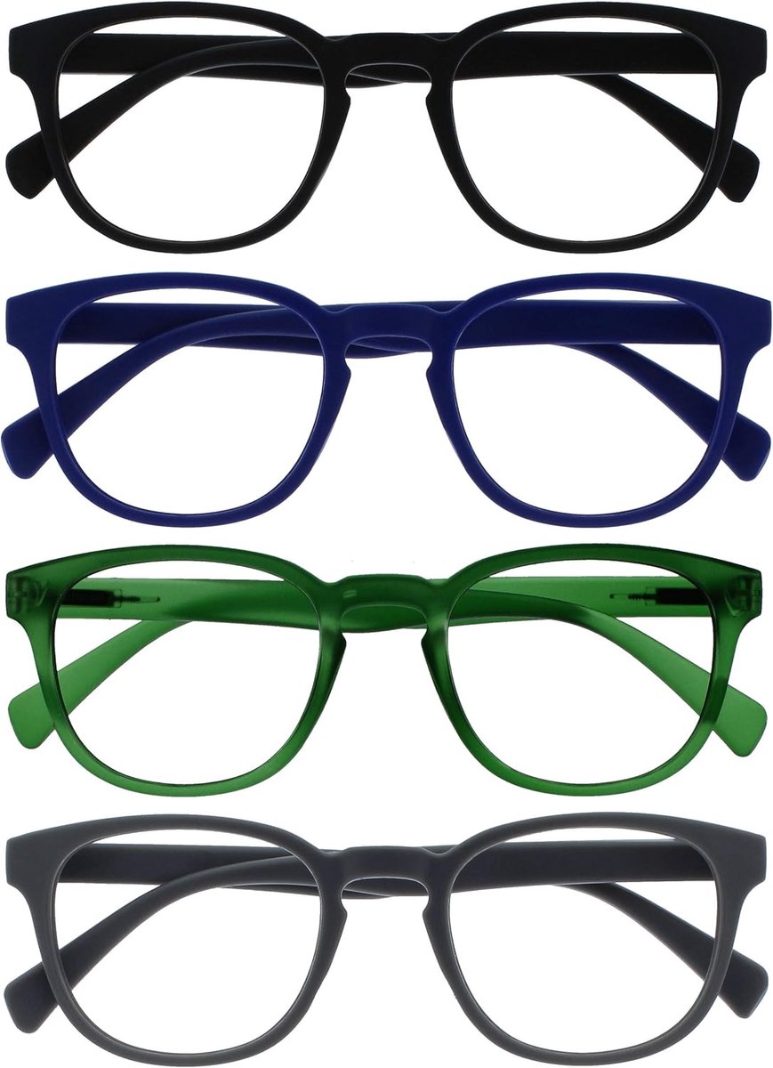 Pop 4 Stuks Retro Ronde Zwart Blauw Groen Grijs Mannen Vrouwen Leesbril Scharnieren Met Veer RRRR2-1367 +1,00