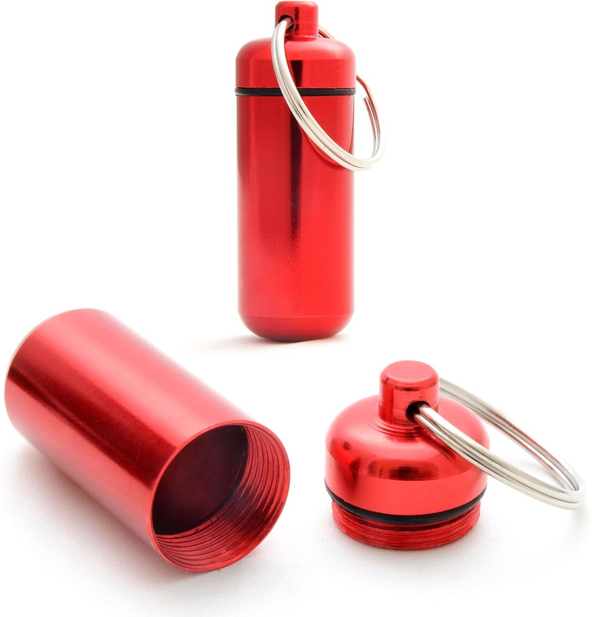 waterdichte pillendoos sleutelhanger, 2x mini aluminium capsule met schroefdop en rubberen afdichting, rood, voor onderweg en tas, 45 mm hoogte, Ø17 mm buiten Ø15 mm binnen, 10 g, ring 25 mm