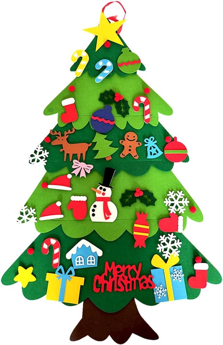 Vilten kerstboom voor kinderen, 32 afneembare ornamenten, nieuwjaarskerstcadeaus voor kinderen, kerstdecoratie voor deurmuren