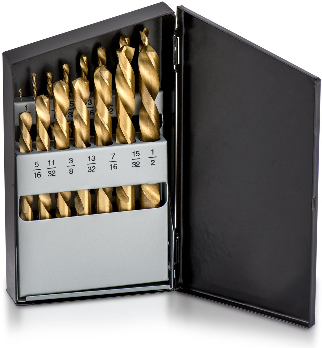 10037A Linkse boorset, snelle stalen boren met titanium nitride-coating, omgekeerde draaiboren, SAE-maten, 15-delige set