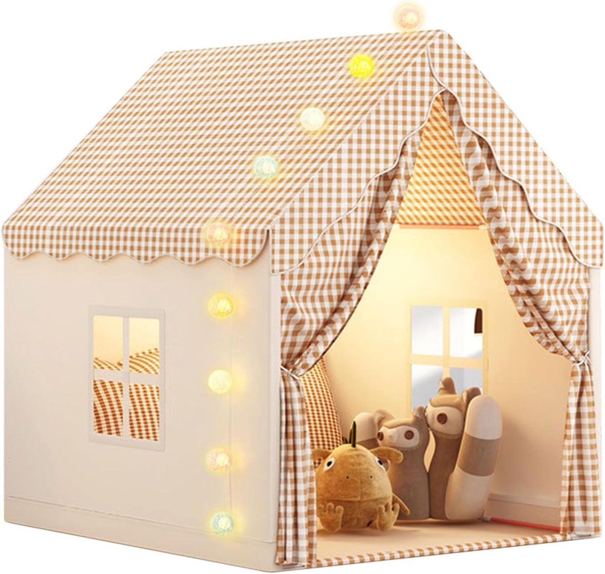 Kinderspeeltent met verlichting, kindertent, binnen, bedtent, prinsessentent, grote kinderhuis, prinsessentent voor meisjes, speelgoed, huis, cadeau, kaki, 47x40x51