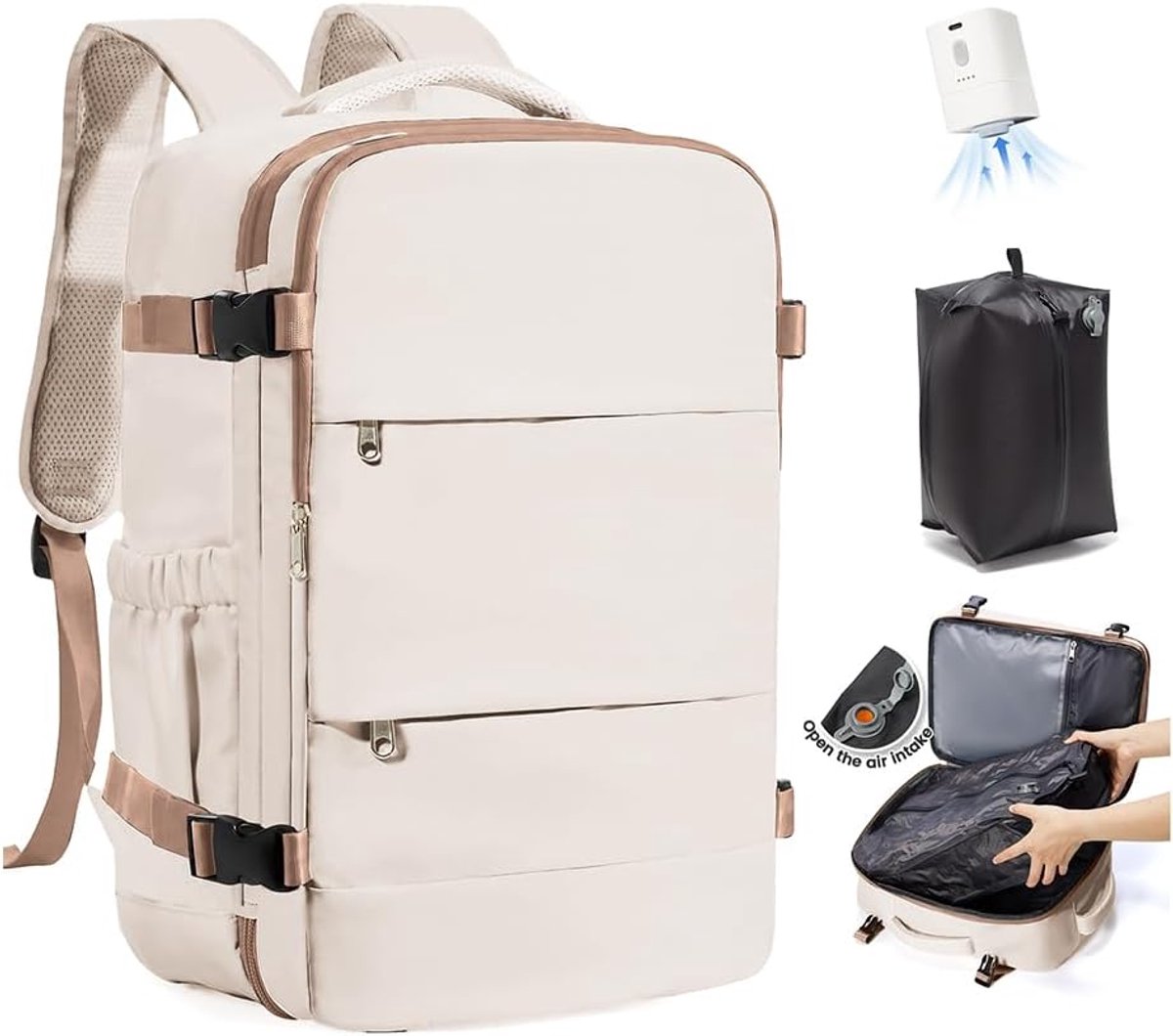 Vacuum Backpack met Pomp - 40x30x20 Cabin Bag - Beige Bruin - Perfect voor Ryanair en easyJet - ShopVlot