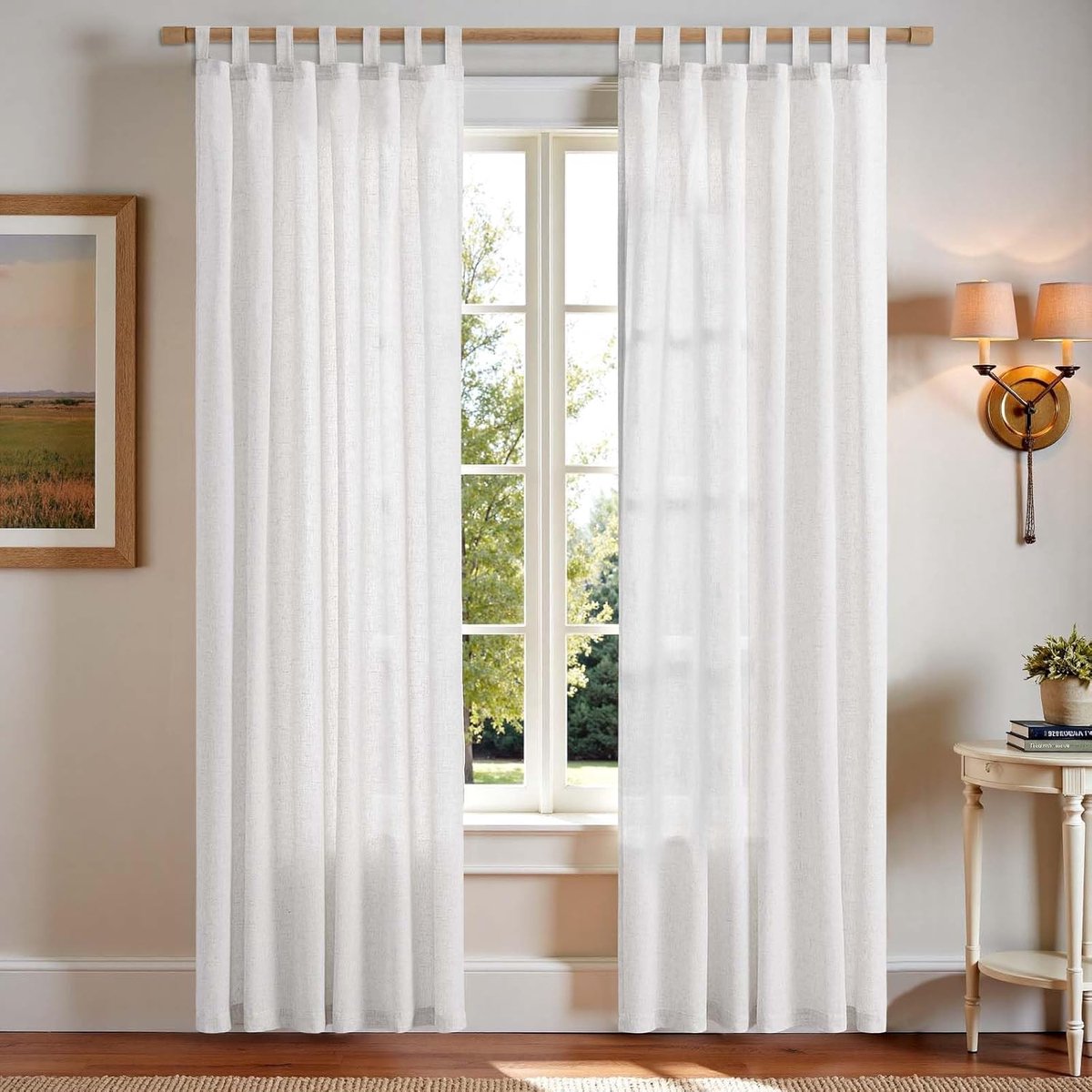 Witte gordijnen met lussen, linnen gordijnen voor woonkamer, slaapkamer, jaloezieën, ramen, semi-transparant, lichtfilter, boerderij, landhuisstijl, keukengordijn, 2 stuks, 140 x 210 cm