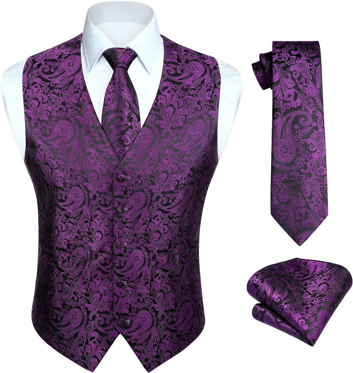 Paisley gilet voor heren, jacquard bloemenmotief, stropdas, pochet, voor bruiloftsfeest, zakelijke pasvorm, set met gilet, XS - 6XL