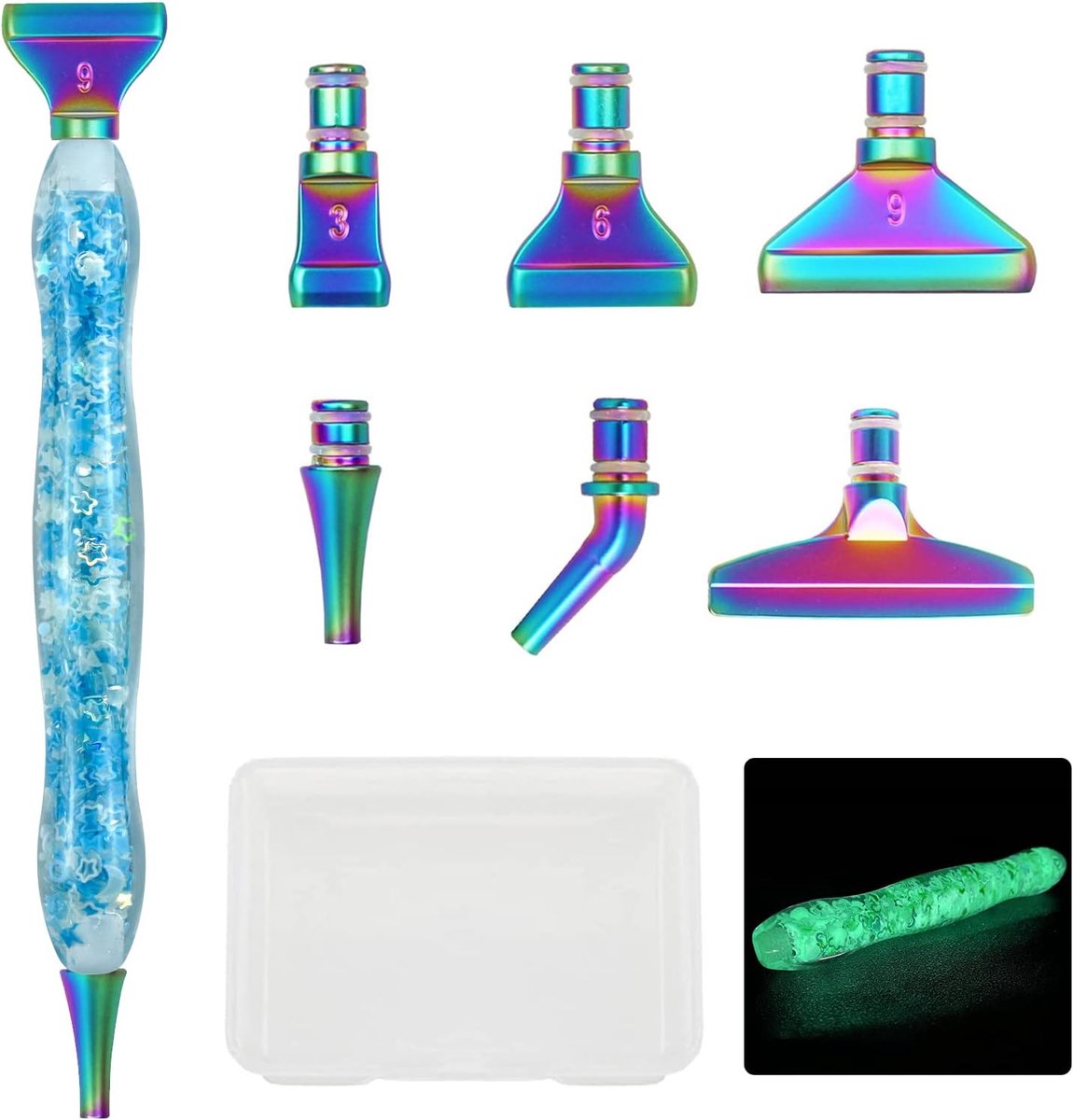Painting accessoirestiftenset, 6 stijlen, 5d drill pen, reservekoppen, kleur metalen pen tip voor diamond painting, lichtgevende diamantkunststiften in het donker