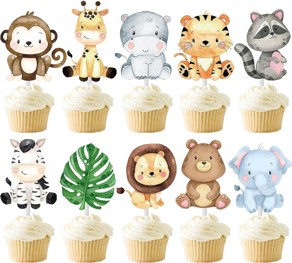 dieren, 24 stuks taartdecoratie dieren, jungle dier cupcake toppers, taartdecoratie jungle dieren, dierentaartdecoratie bosdieren, cupcake topper bosdieren, muffin decoratie bosdieren