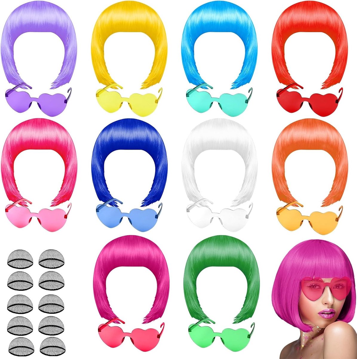 20-delige partypruiken en zonnebrilset, neon, korte bob, pruik, zonnebril, kostuum, kleurrijk, cosplay, dagelijks feest, haarstukken voor vrijgezellenfeest, neonfeest, Halloween-decoraties