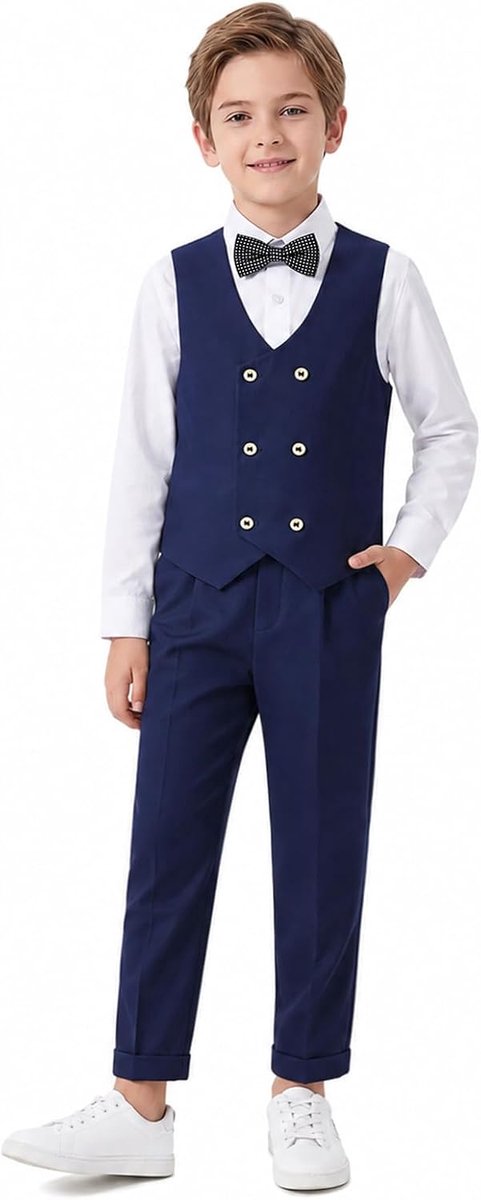 4-delig formeel pak voor jongens, tweerijige vestenset, kinderverjaardag, bruiloft, feest, gelegenheidskleding, zwart/blauw/kaki, 2-13 jaar