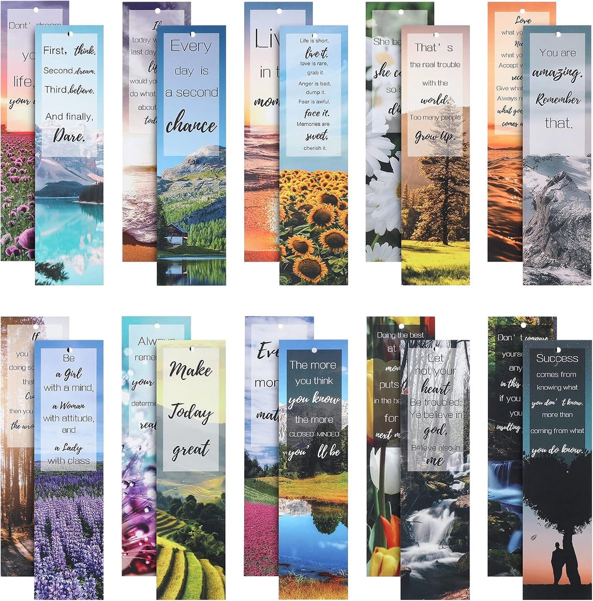 20 stuks inspirerende papieren bladwijzers, set van natuurlijke bladwijzers voor boekenliefhebbers, dubbelzijdige boekenmarkers voor mannen, vrouwen en kinderen (15 x 4 cm, 20 stijlen)