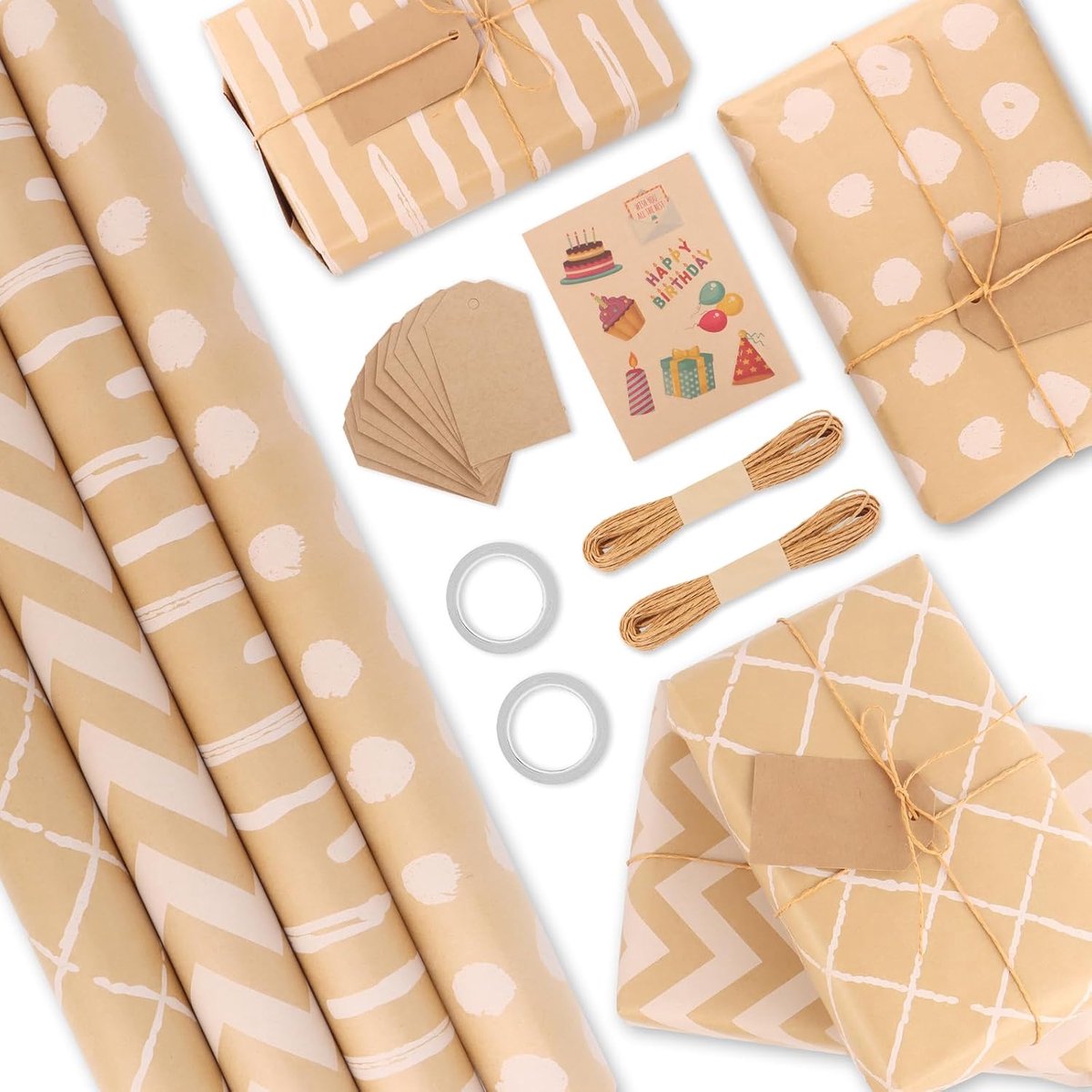 Cadeaupapier, inpakpapier verjaardag 43 x 300 cm/rol, cadeaupapier voor kinderen met cadeauhangers en jute koord, rolset voor communie, doop, verjaardag, bruiloft, Kerstmis