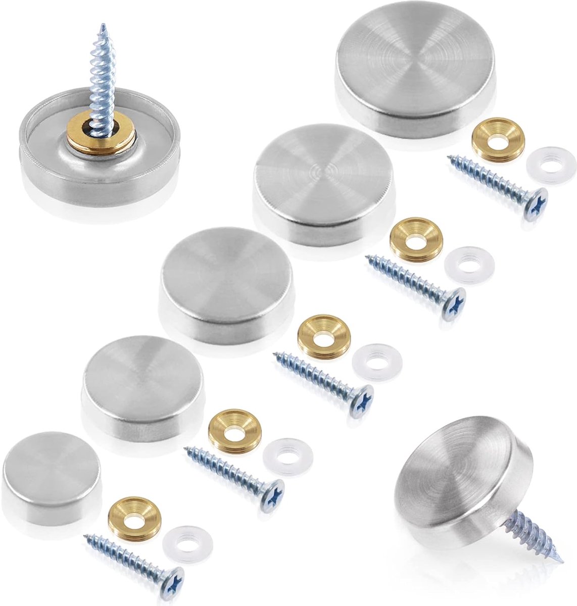 20 sets 18 mm roestvrij stalen spiegelschroeven afdekkapset, spiegelschroeven, decoratieve doppen, afdekspijkers met schroeven, bevestigingen voor kledingkast, bord, reclame, hardware