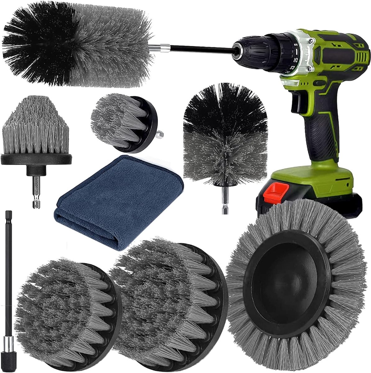 Borstelopzetstuk, boormachineset, 9 accuschroevendraaierbevestigingen, reinigingsborstel, velgenborstel, scrubber, reinigingsset voor velgen, tegels, keuken, auto