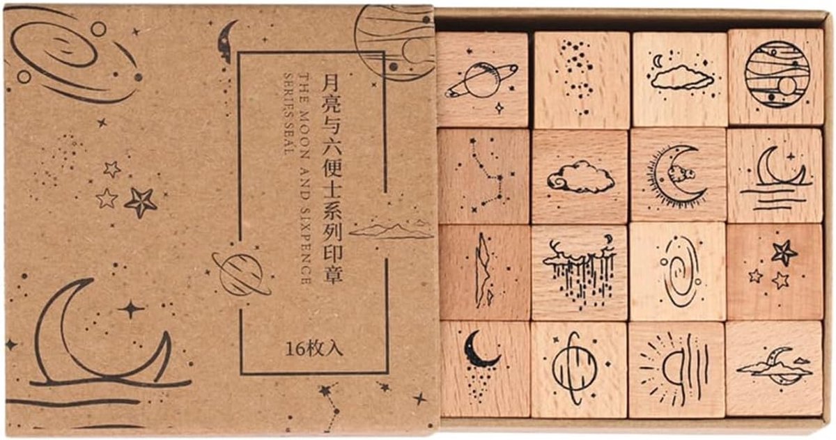 Houten en rubberen stempels - maan en ster van hout voor knutselen, kaarten maken, kalender