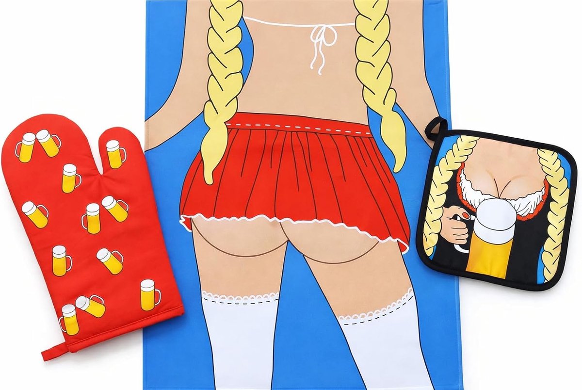- Keuken Set - Sexy Theedoek Ovenwant Bierglazen Bier Pannenlap – Valentijn voor hem/haar - Valentijnsdag - Grappig Cadeau Accessoire voor Man Vrouw - Vrijgezellenfeest Verjaardag Barbecue