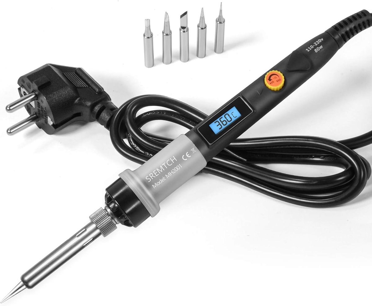 SnelShoppen - 80W Soldeerbout Set met LCD Scherm, Verstelbare Temperatuurknop (200°C - 450°C), Snelle Verwarming, Keramische Thermostaat, Inclusief 5